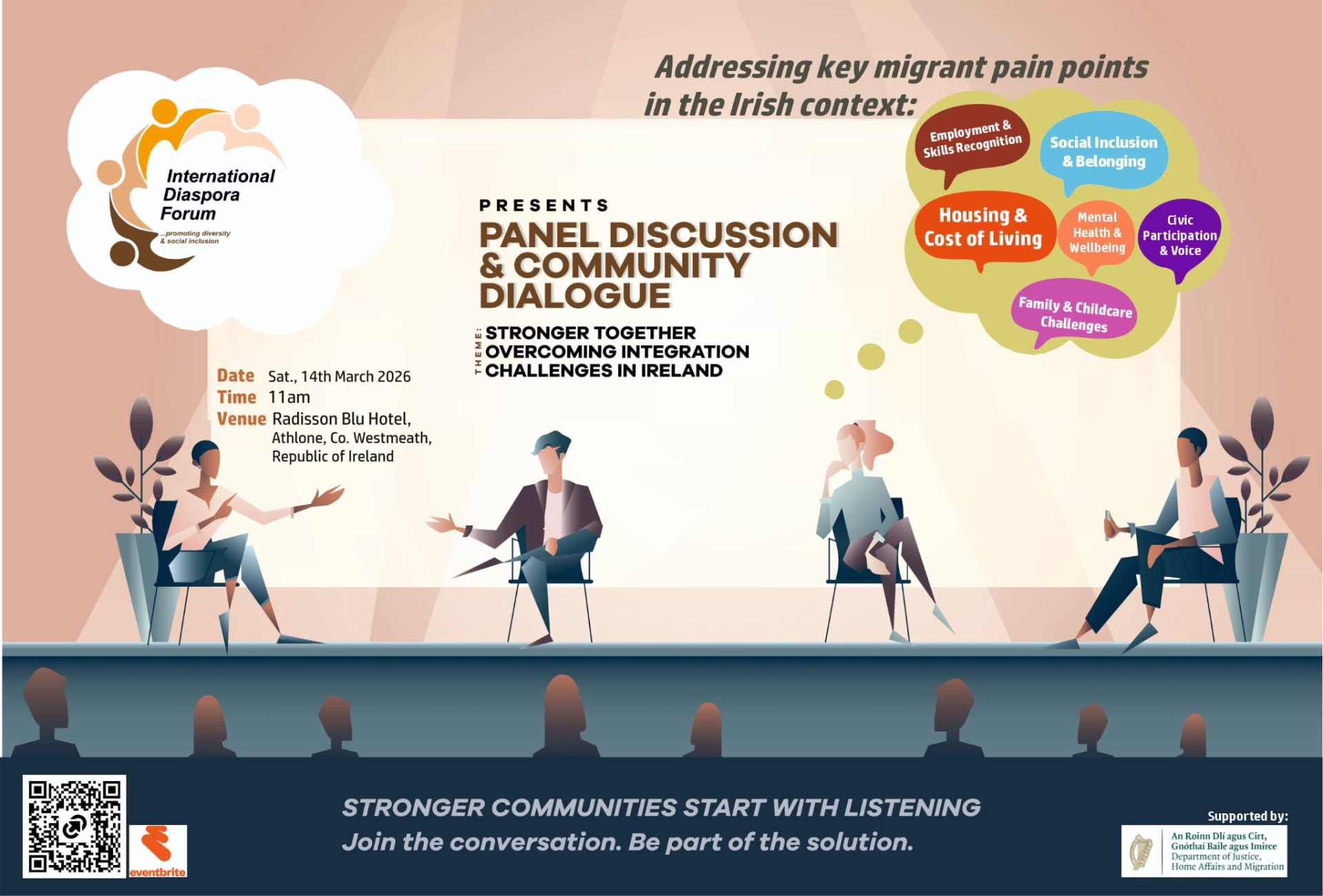 International Diaspora Forum event poster for Stronger Together: Overcoming Integration Challenges in Ireland
