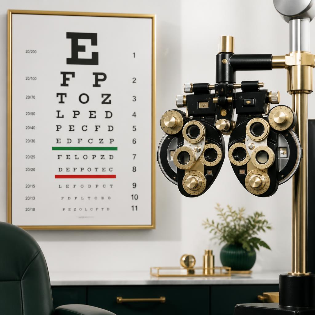 Phoropter head and visual acuity chart in a consulting room